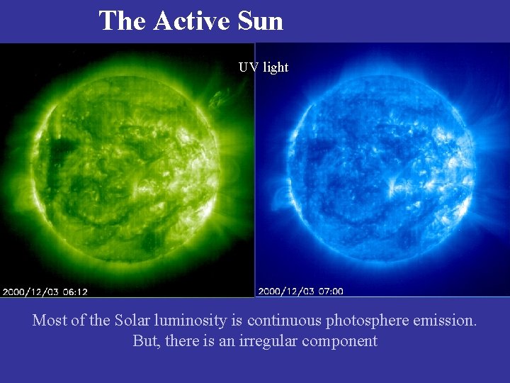 The Active Sun UV light Most of the Solar luminosity is continuous photosphere emission.
