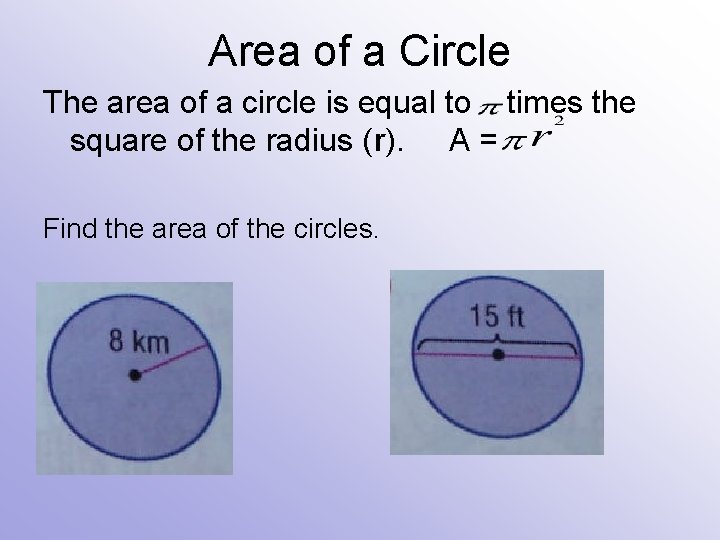 Area of a Circle The area of a circle is equal to times the