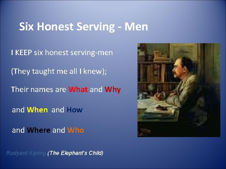 Six Honest Serving - Men I KEEP six honest serving-men (They taught me all