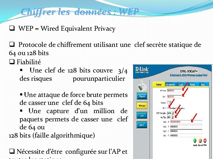 Chiffrer les données : WEP q WEP = Wired Equivalent Privacy q Protocole de