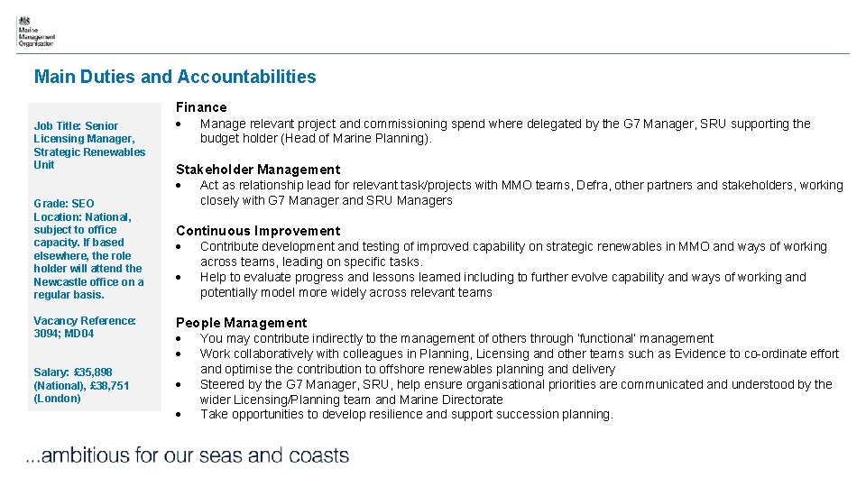 Main Duties and Accountabilities Job Title: Senior Licensing Manager, Strategic Renewables Unit Grade: SEO