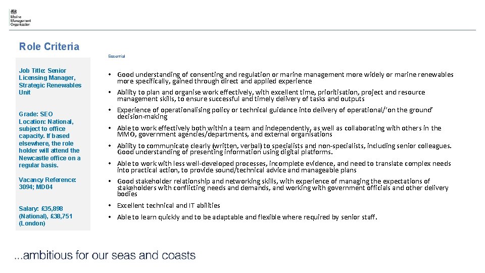 Role Criteria Essential Job Title: Senior Licensing Manager, Strategic Renewables Unit Grade: SEO Location: