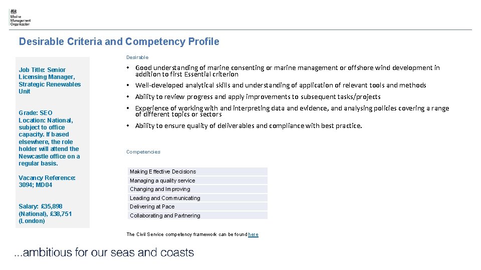 Desirable Criteria and Competency Profile Desirable Job Title: Senior Licensing Manager, Strategic Renewables Unit