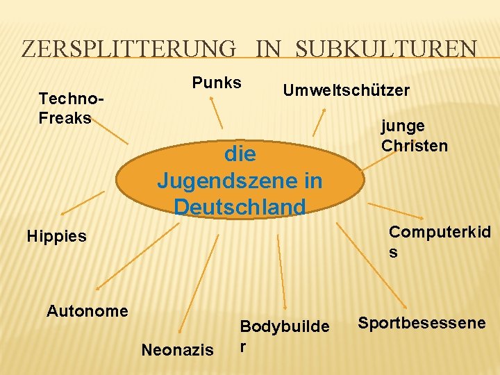 ZERSPLITTERUNG IN SUBKULTUREN Techno. Freaks Punks Umweltschützer die Jugendszene in Deutschland junge Christen Computerkid