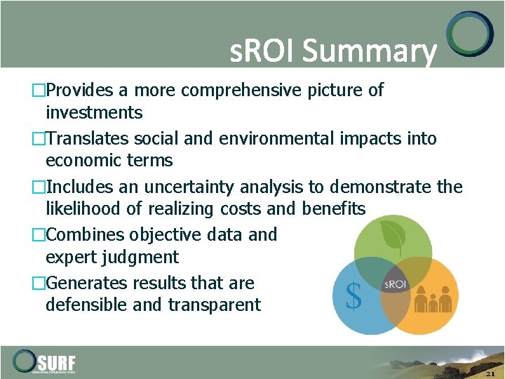 s. ROI Summary �Provides a more comprehensive picture of investments �Translates social and environmental
