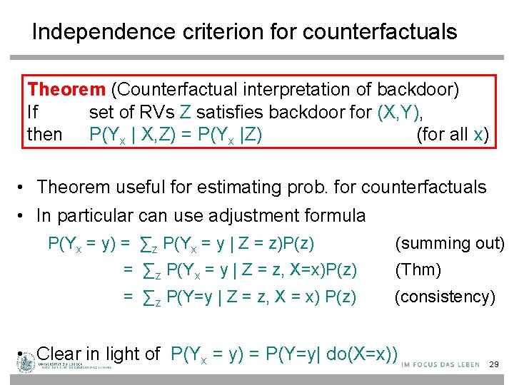 Independence criterion for counterfactuals Theorem (Counterfactual interpretation of backdoor) If set of RVs Z