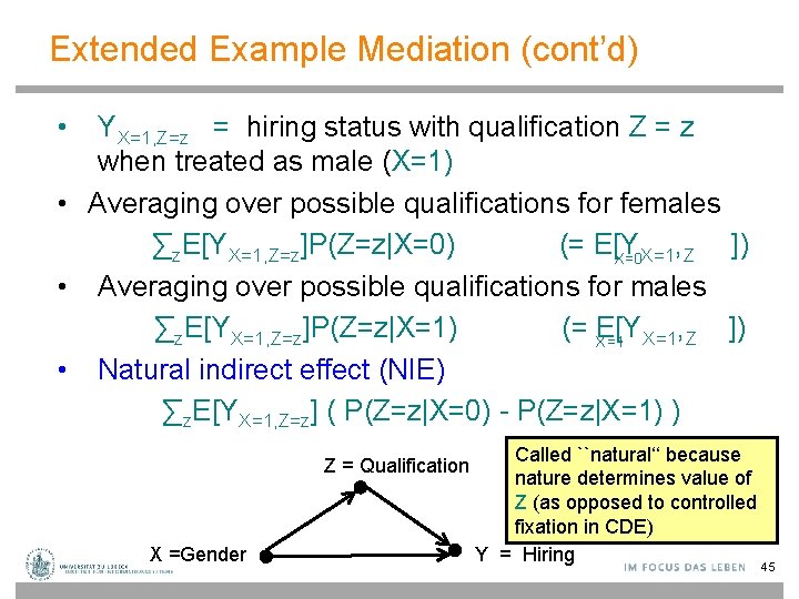 Extended Example Mediation (cont’d) • YX=1, Z=z = hiring status with qualification Z =