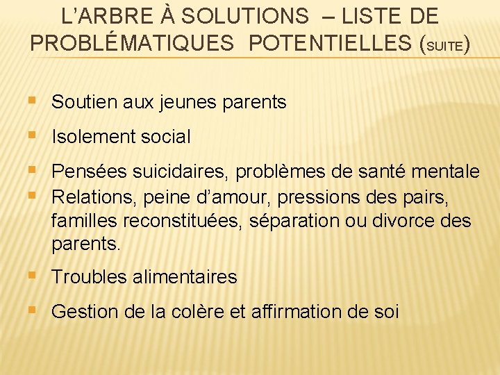 L’ARBRE À SOLUTIONS – LISTE DE PROBLÉMATIQUES POTENTIELLES (SUITE) § Soutien aux jeunes parents