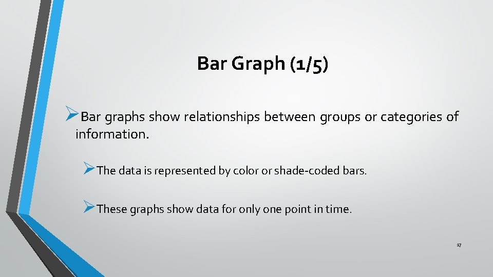 Bar Graph (1/5) ØBar graphs show relationships between groups or categories of information. ØThe Bar Graph (1/5) ØBar graphs show relationships between groups or categories of information. ØThe