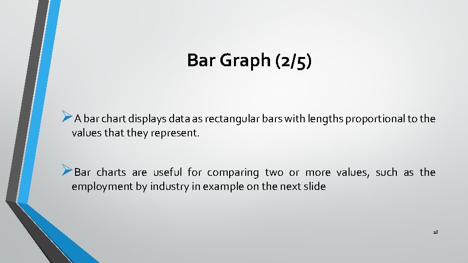 Bar Graph (2/5) ØA bar chart displays data as rectangular bars with lengths proportional Bar Graph (2/5) ØA bar chart displays data as rectangular bars with lengths proportional
