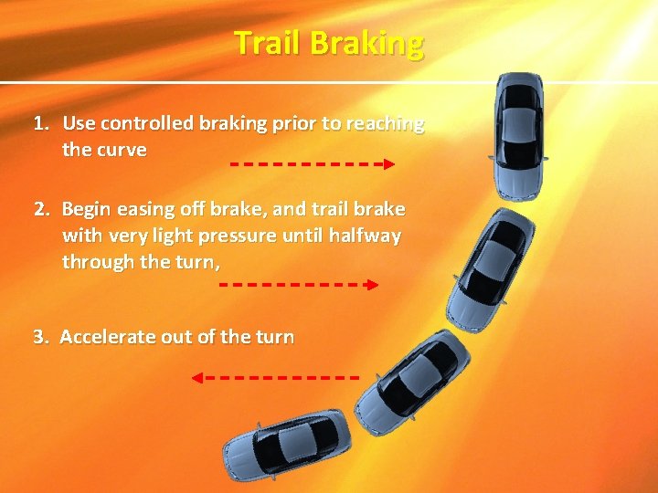 Trail Braking 1. Use controlled braking prior to reaching the curve 2. Begin easing