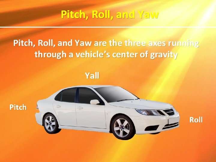 Pitch, Roll, and Yaw are three axes running through a vehicle’s center of gravity