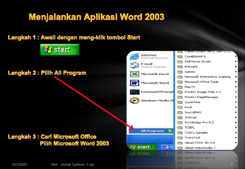 Menjalankan Aplikasi Word 2003 Langkah 1 : Awali dengan meng-klik tombol Start Langkah 2