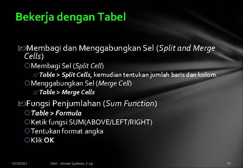 Bekerja dengan Tabel Membagi dan Menggabungkan Sel (Split and Merge Cells) Membagi Sel (Split