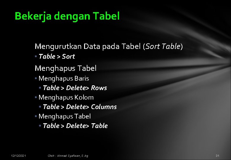 Bekerja dengan Tabel Mengurutkan Data pada Tabel (Sort Table) • Table > Sort Menghapus