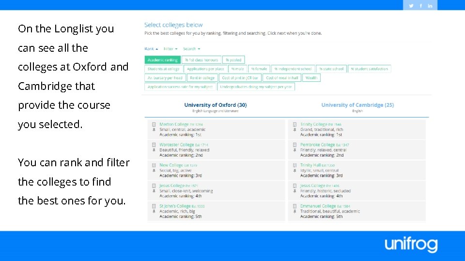 On the Longlist you can see all the colleges at Oxford and Cambridge that