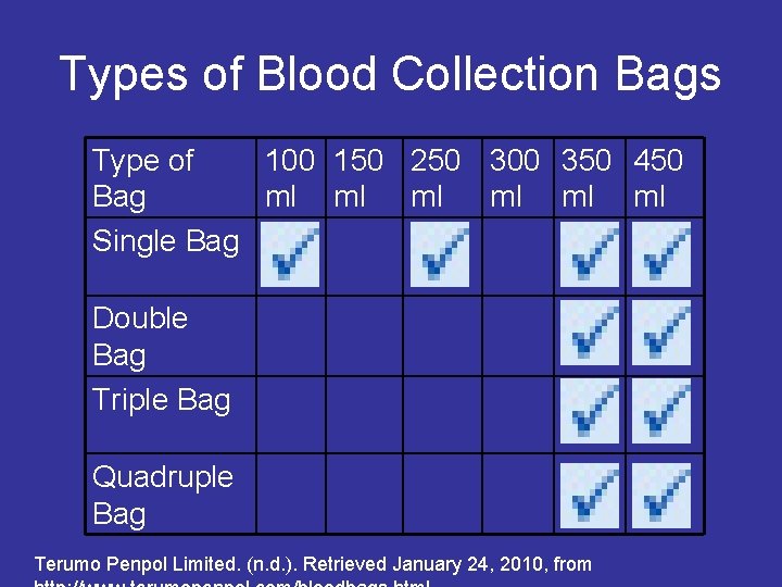 Types of Blood Collection Bags Type of 100 150 250 300 350 450 Bag