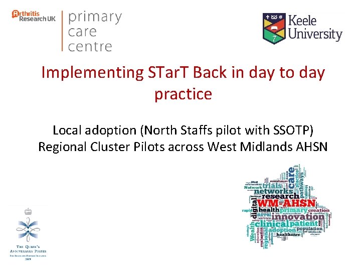 Implementing STar. T Back in day to day practice Local adoption (North Staffs pilot