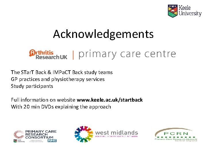 Acknowledgements The STar. T Back & IMPa. CT Back study teams GP practices and