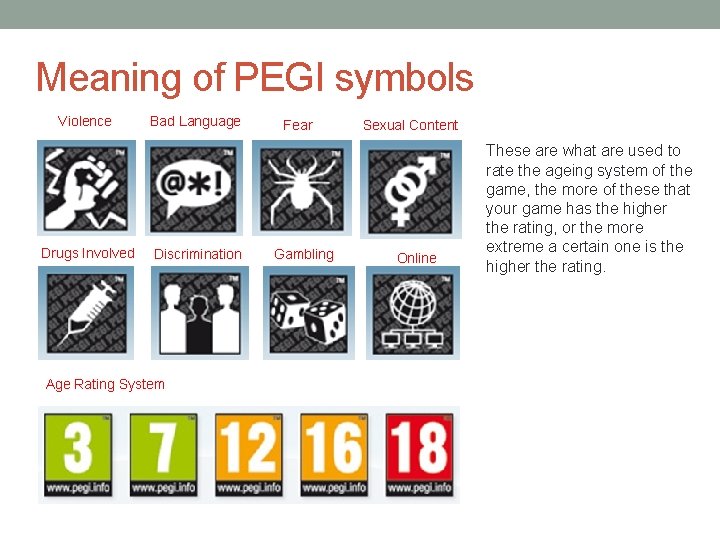 Meaning of PEGI symbols Violence Drugs Involved Bad Language Discrimination Age Rating System Fear