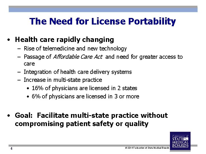 The Need for License Portability • Health care rapidly changing – Rise of telemedicine