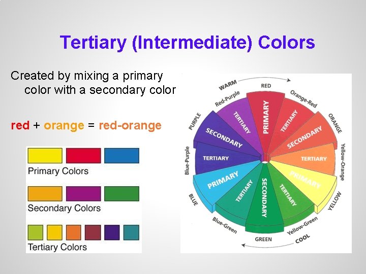 Tertiary (Intermediate) Colors Created by mixing a primary color with a secondary color red