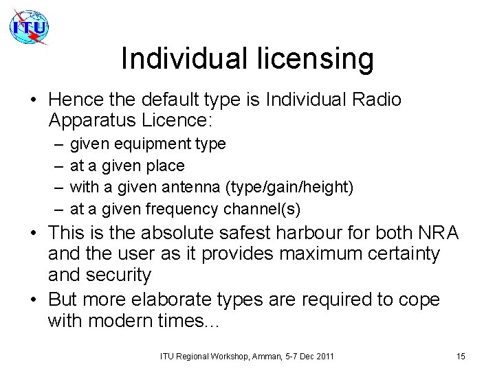 Individual licensing • Hence the default type is Individual Radio Apparatus Licence: – –