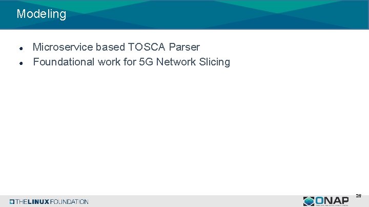 Modeling ● ● Microservice based TOSCA Parser Foundational work for 5 G Network Slicing