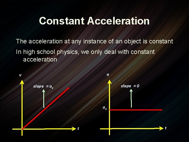 Constant Acceleration The acceleration at any instance of an object is constant In high