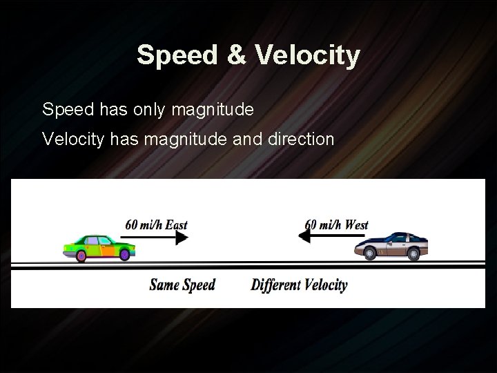Speed & Velocity Speed has only magnitude Velocity has magnitude and direction 