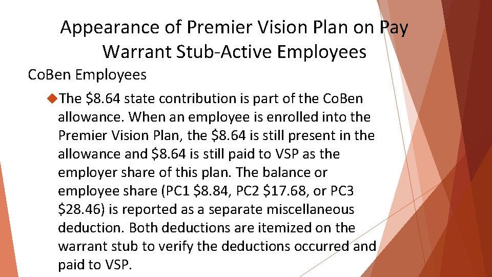 Appearance of Premier Vision Plan on Pay Warrant Stub-Active Employees Co. Ben Employees The