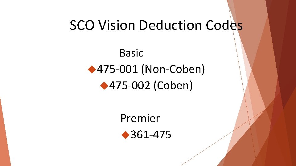 SCO Vision Deduction Codes Basic 475 -001 (Non-Coben) 475 -002 (Coben) Premier 361 -475