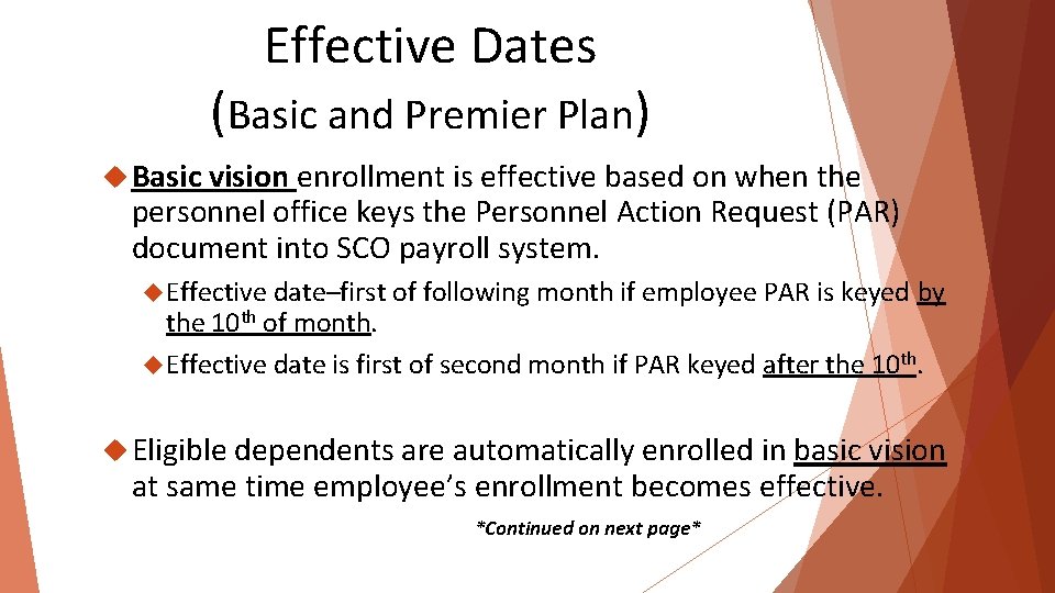Effective Dates (Basic and Premier Plan) Basic vision enrollment is effective based on when