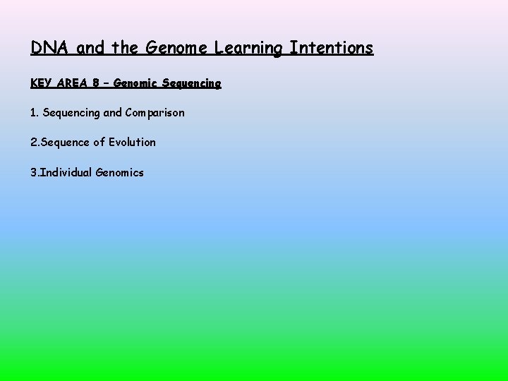 DNA and the Genome Learning Intentions KEY AREA 8 – Genomic Sequencing 1. Sequencing