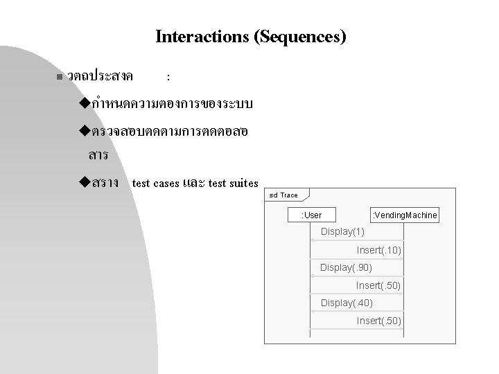 Interactions (Sequences) n วตถประสงค : uกำหนดความตองการของระบบ uตรวจสอบตดตามการตดตอสอ สาร uสราง test cases และ test suites Interactions (Sequences) n วตถประสงค : uกำหนดความตองการของระบบ uตรวจสอบตดตามการตดตอสอ สาร uสราง test cases และ test suites