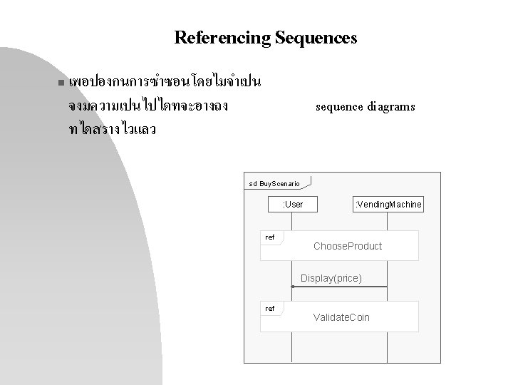 Referencing Sequences n เพอปองกนการซำซอนโดยไมจำเปน จงมความเปนไปไดทจะอางถง ทไดสรางไวแลว sequence diagrams sd Buy. Scenario : User ref Referencing Sequences n เพอปองกนการซำซอนโดยไมจำเปน จงมความเปนไปไดทจะอางถง ทไดสรางไวแลว sequence diagrams sd Buy. Scenario : User ref