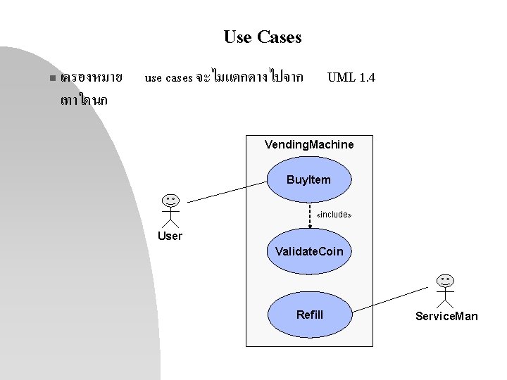 Use Cases n เครองหมาย เทาใดนก use cases จะไมแตกตางไปจาก UML 1. 4 Vending. Machine Buy. Use Cases n เครองหมาย เทาใดนก use cases จะไมแตกตางไปจาก UML 1. 4 Vending. Machine Buy.