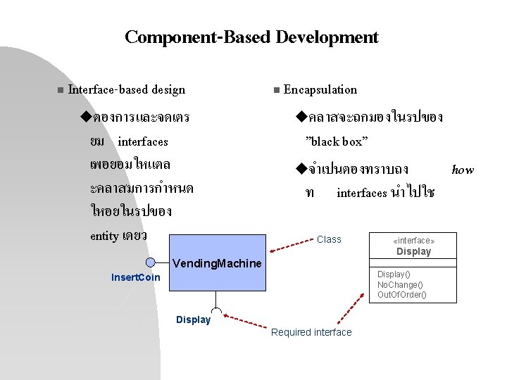 Component-Based Development n Interface-based design uตองการและจดเตร ยม interfaces เพอยอมใหแตล ะคลาสมการกำหนด ใหอยในรปของ entity เดยว n Component-Based Development n Interface-based design uตองการและจดเตร ยม interfaces เพอยอมใหแตล ะคลาสมการกำหนด ใหอยในรปของ entity เดยว n