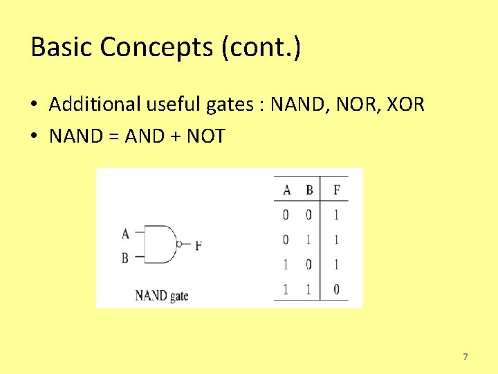 Basic Concepts (cont. ) • Additional useful gates : NAND, NOR, XOR • NAND