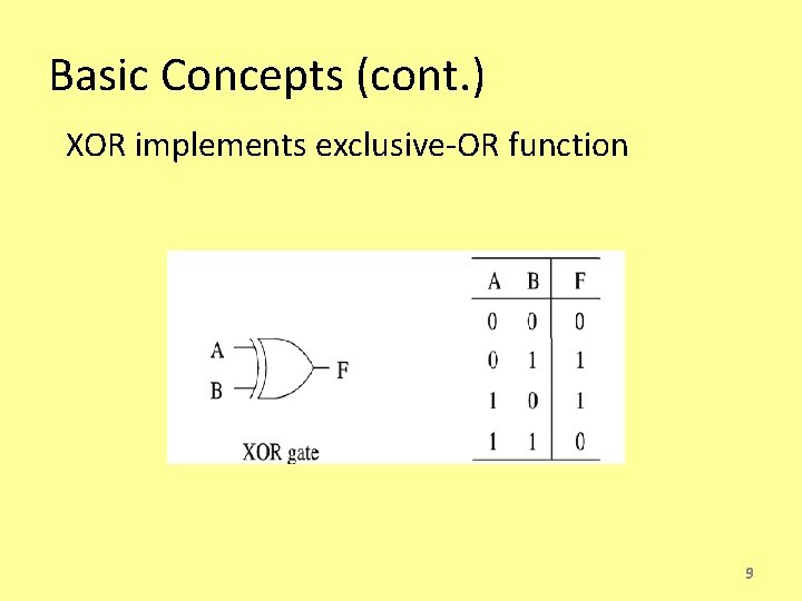 Basic Concepts (cont. ) XOR implements exclusive-OR function 9 