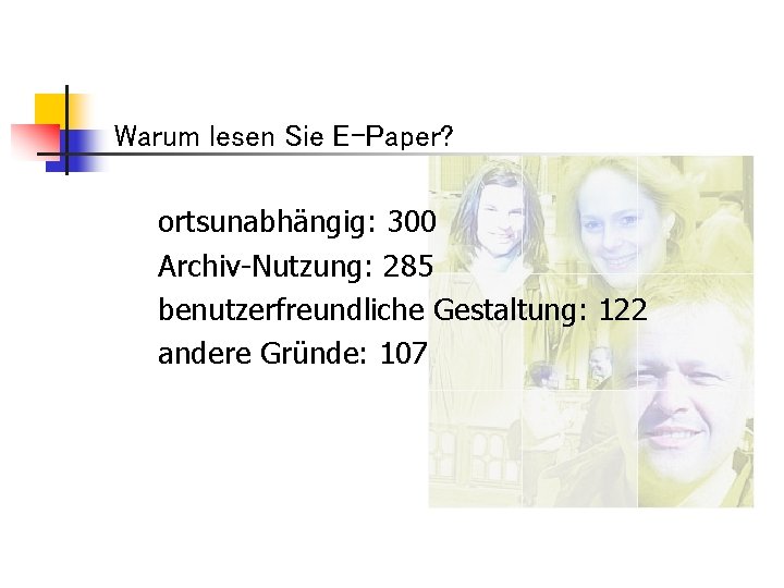 Warum lesen Sie E-Paper? ortsunabhängig: 300 Archiv-Nutzung: 285 benutzerfreundliche Gestaltung: 122 andere Gründe: 107