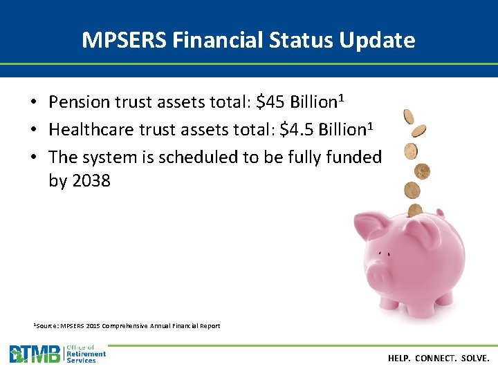 MPSERS Financial Status Update • Pension trust assets total: $45 Billion 1 • Healthcare