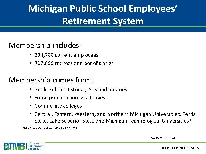 Michigan Public School Employees’ Retirement System Membership includes: • 234, 700 current employees •