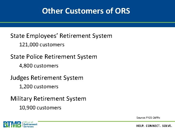 Other Customers of ORS State Employees’ Retirement System 121, 000 customers State Police Retirement