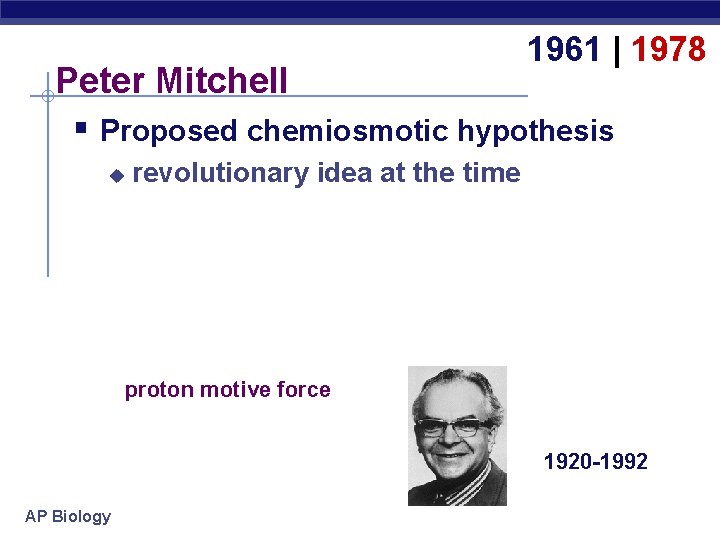 1961 | 1978 Peter Mitchell § Proposed chemiosmotic hypothesis u revolutionary idea at the