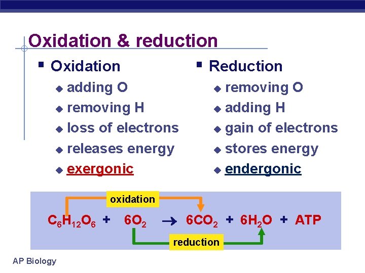Oxidation & reduction § Oxidation § Reduction adding O u removing H u loss