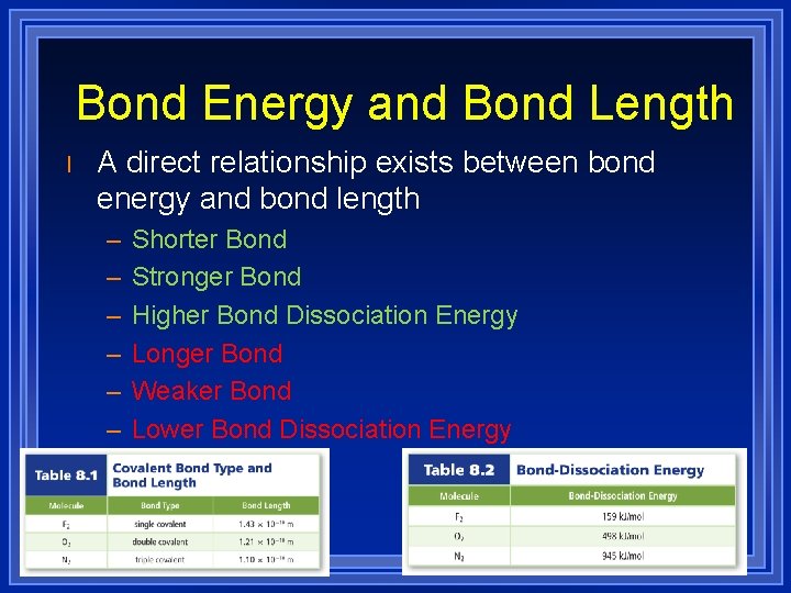 Bond Energy and Bond Length l A direct relationship exists between bond energy and