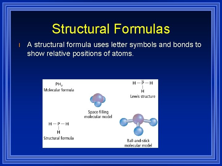 Structural Formulas l A structural formula uses letter symbols and bonds to show relative