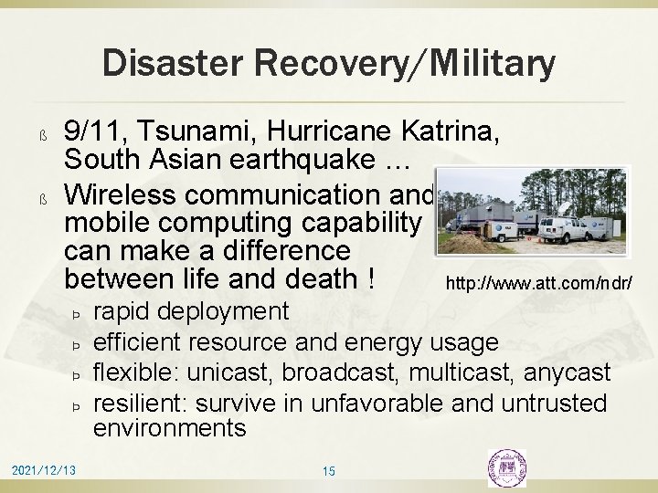 Disaster Recovery/Military ß ß 9/11, Tsunami, Hurricane Katrina, South Asian earthquake … Wireless communication