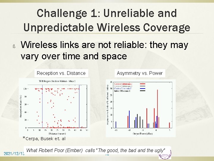 Challenge 1: Unreliable and Unpredictable Wireless Coverage ß Wireless links are not reliable: they